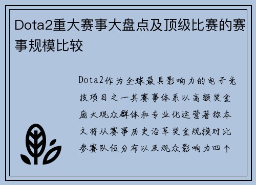 Dota2重大赛事大盘点及顶级比赛的赛事规模比较